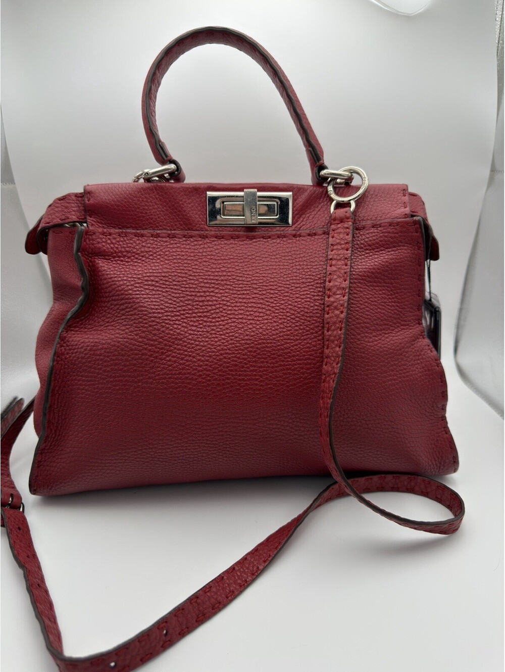 Authentic Fendi Selleria Leather Peekaboo Red Top Handle Shoulder Bag Strap COA